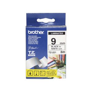 Brother TZ-221 Laminated Black printing on White Tape (9mm Width 8 Metres in Length)